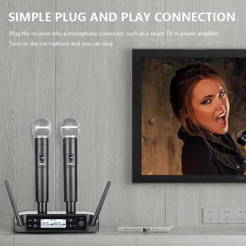 Wireless Microphone Handheld Dual Channels UHF Fixed Frequency Dynamic Mic For Karaoke Wedding Party Band Church Show