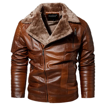 Men's Fur Collar Jacket PU Leather Vintage New Winter Men's Streetwear Thicken Leather Jacket Retro Men Brand Leathe Jacket