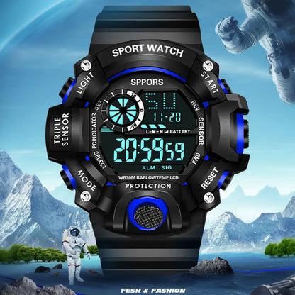 Fashion Men's Watch Sports Electronic Wristwatch Large dial Multifunctional Waterproof Luminous Alarm Kids Male's Military Watch - AMULET RING STORE
