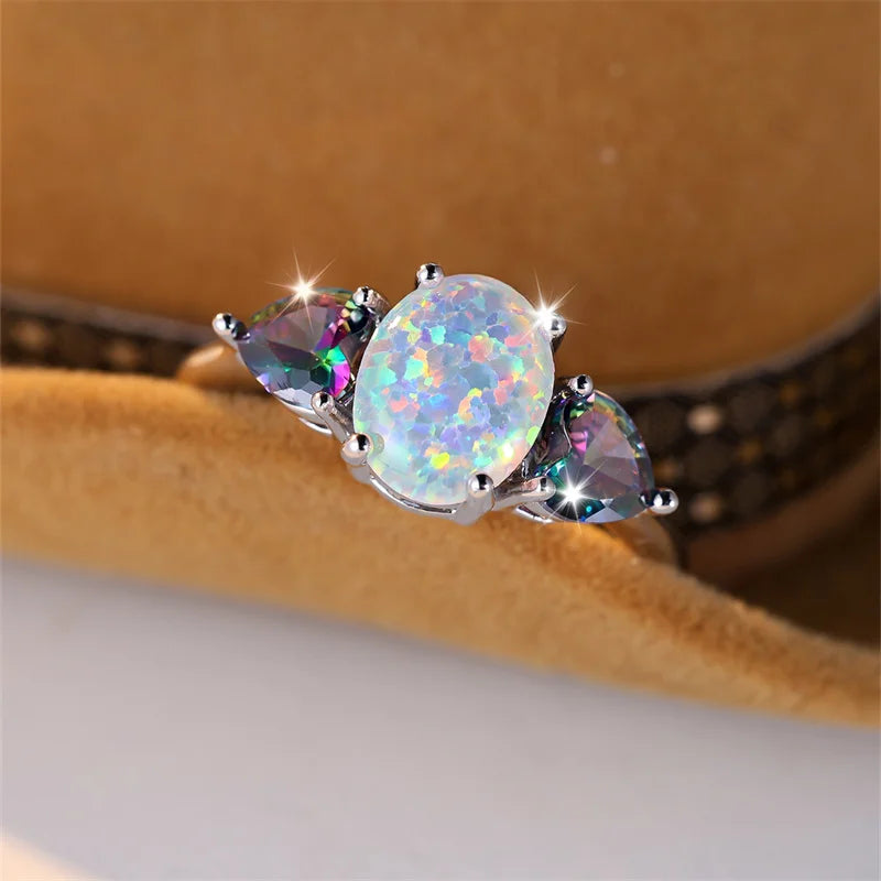 Oval Mystic White Fire Opal Rings For Women Silver Color Wedding Bands Rainbow Heart Zircon Engagement Party Jewelry Mother Gift