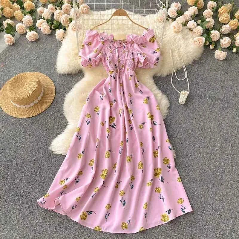 YuooMuoo Romantic Floral Print Long Dress 2024 New Summer Off Shoulders Puff Sleeve Big Swing Women Dress Korean Party Vestidos