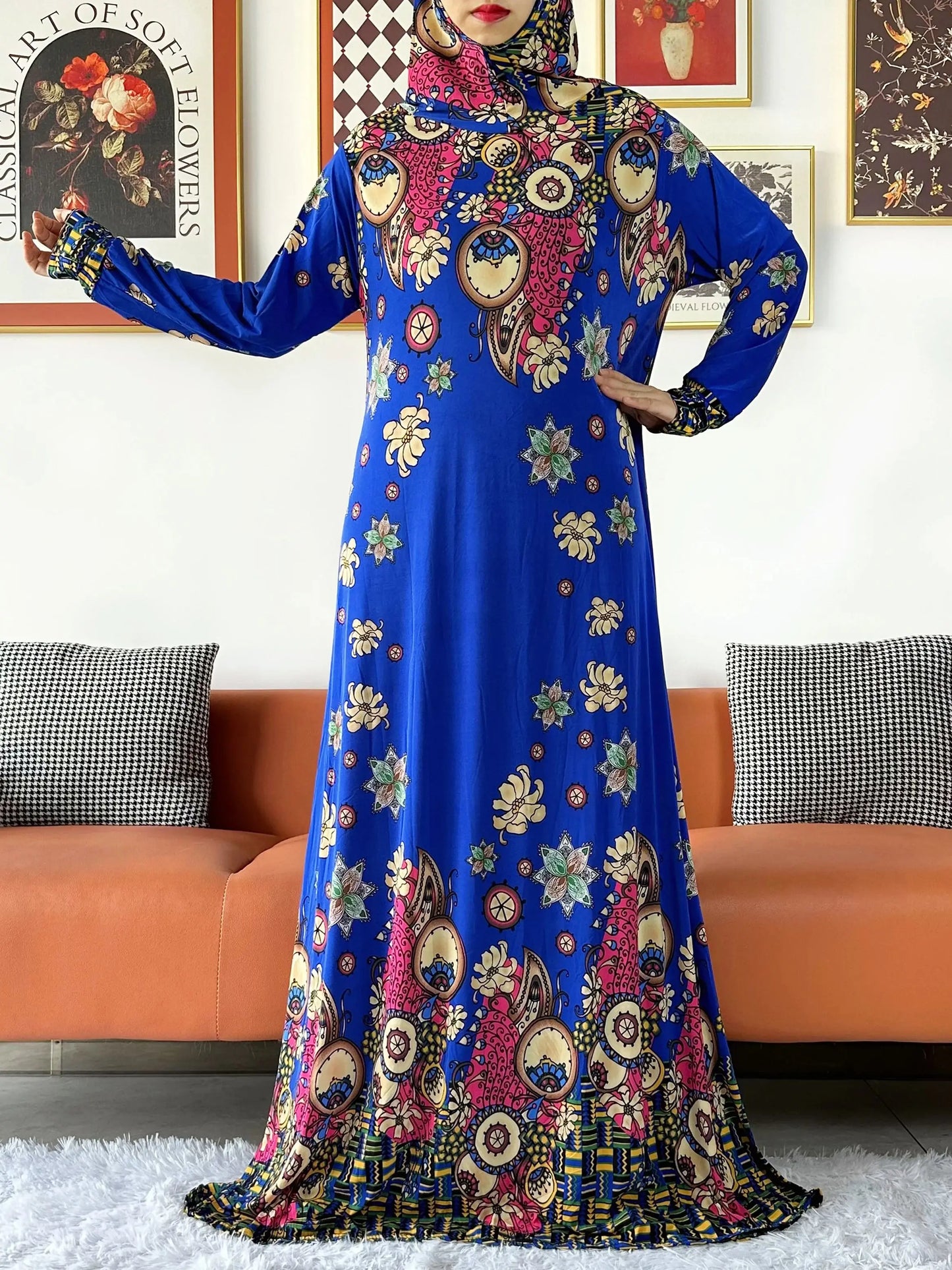 2025 Floral Ramadan Muslim Dress Solid Color Khimar Kaftan Abaya Robe with Attached Hijab Middle East Prayer Garment for Women - AMULET RING STORE