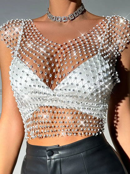 Sexy see through black rhinestone Crop Top Women 2025 Summer Sparkly fishnet beach Party Tank Top night club outfits Tops smock - AMULET RING STORE