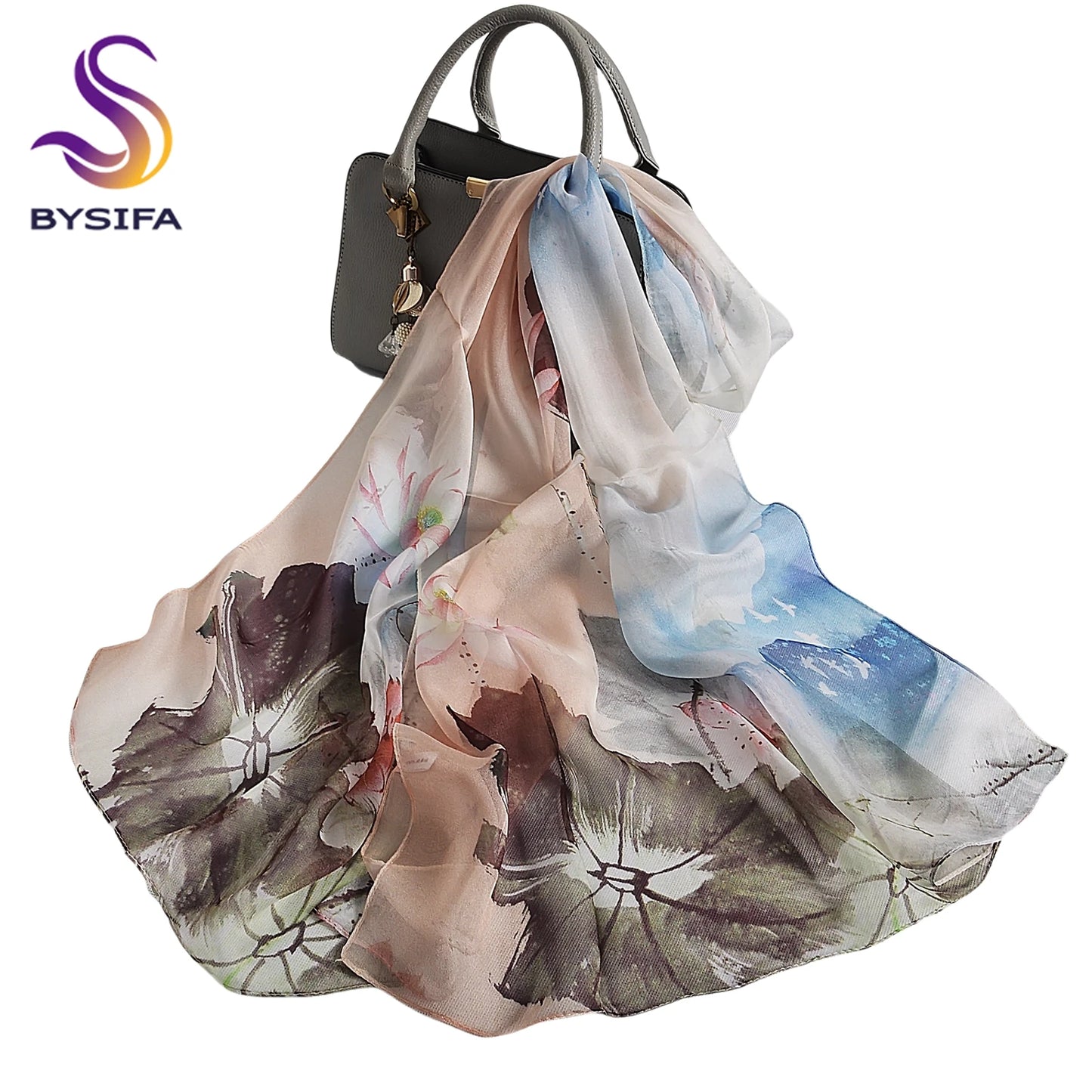 [BYSIFA] Women Chiffon Pure Silk Scarf Cherry Blossom Floral Design Long 100% Silk Shawl Scarf Purple Pink Silk Scarves Echarpes