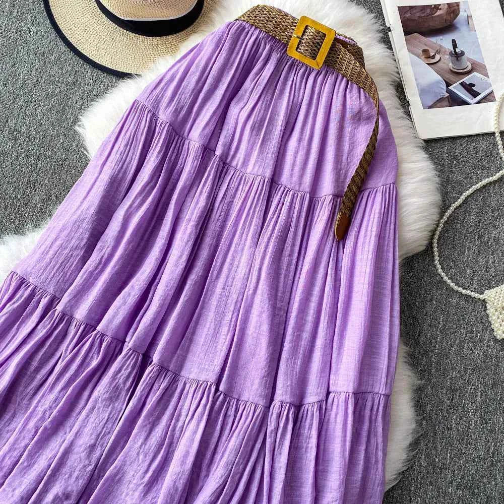 White High Waist A-Line Midi Skirt Women's Summer Casual Flared Cake Skirt Korean Sle Baking Poer Skirt for Young Women