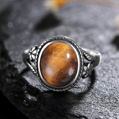Natural 8*10MM Tiger's Eye Stone Finger Ring Fashion Jewelry Rings for Women Gift S925 Silver Flower Shaped Ring