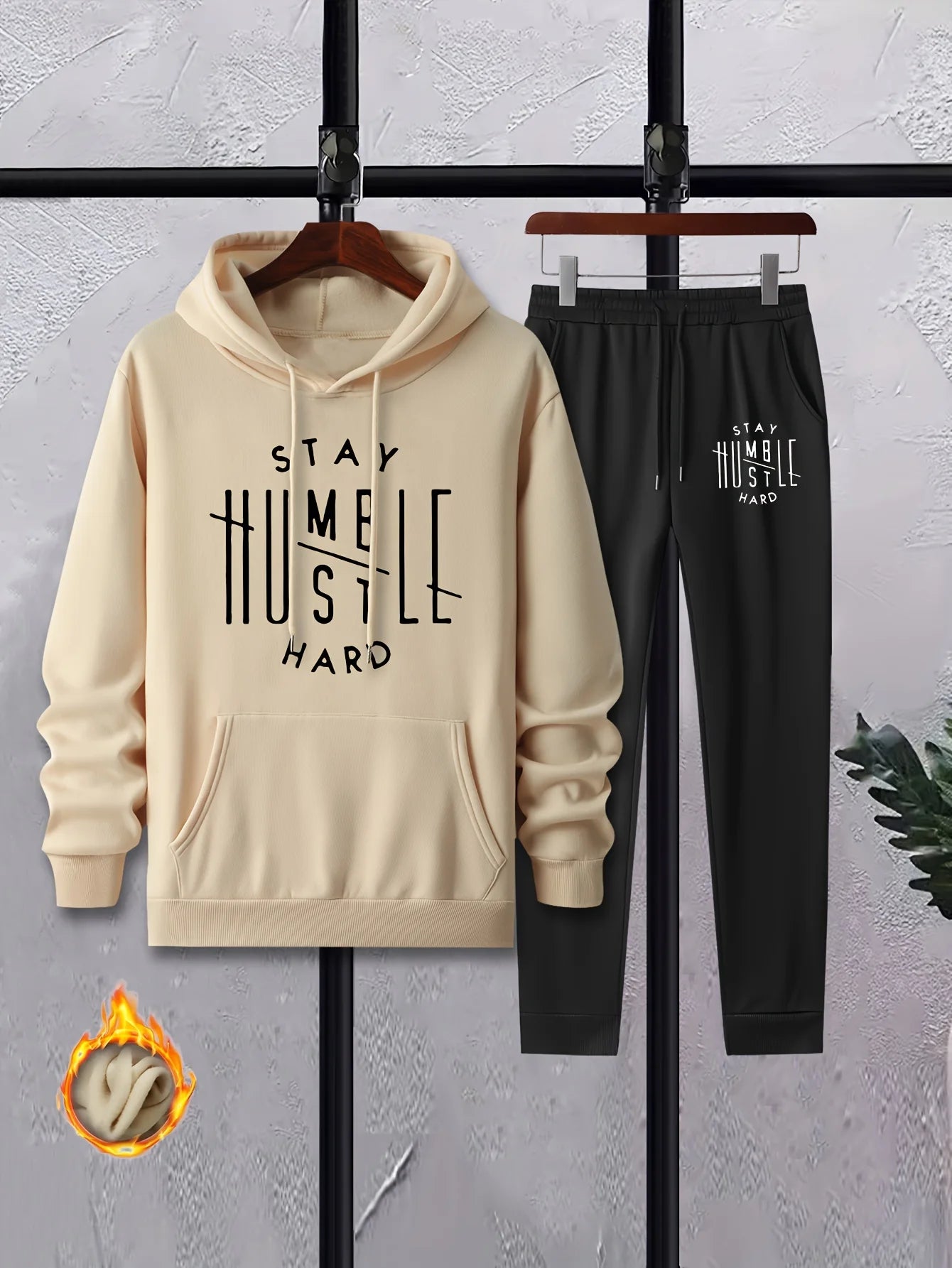 Men's Autumn/Winter Casual Fashion Warm Alphabets Pattern Printed Loose Thick Velvet Hoodie+Sports Pants Set