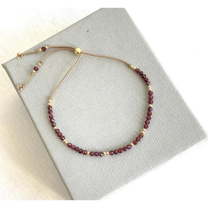 Garnet Gemstone bracelet, Birthstone January gift, dainty adjustable silk cord bracelet