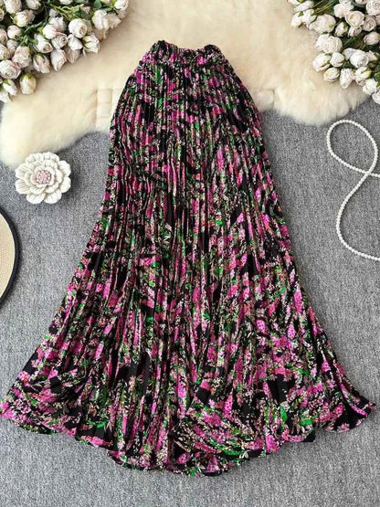 Chiffon A-Line Midi Skirt Women's Autumn 2025 New Sle Cover Hip Draped Large Swing Umbrella Skirt Pleated Floral Skirt