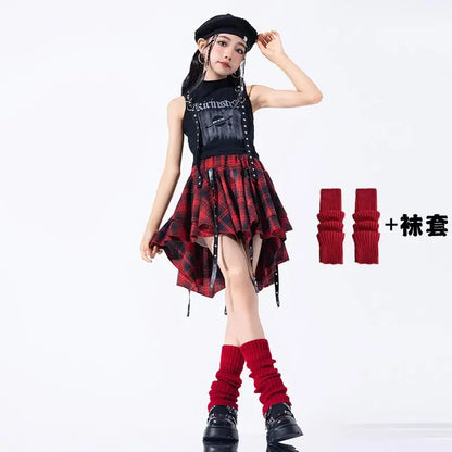 Hip Hop Girls Crop Top Plaid Street Dance Skirt Kids Ribbon Pleated Skirts Teens Jazz Cool Costumes Child Streetwear Clothes Set