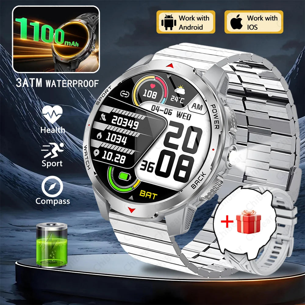 1100mAh Super Capacity Battery Military Outdoor Smart Watch Men 1.7inch Screen Compass Bluetooth Call 3ATM Waterproof SmartWatch
