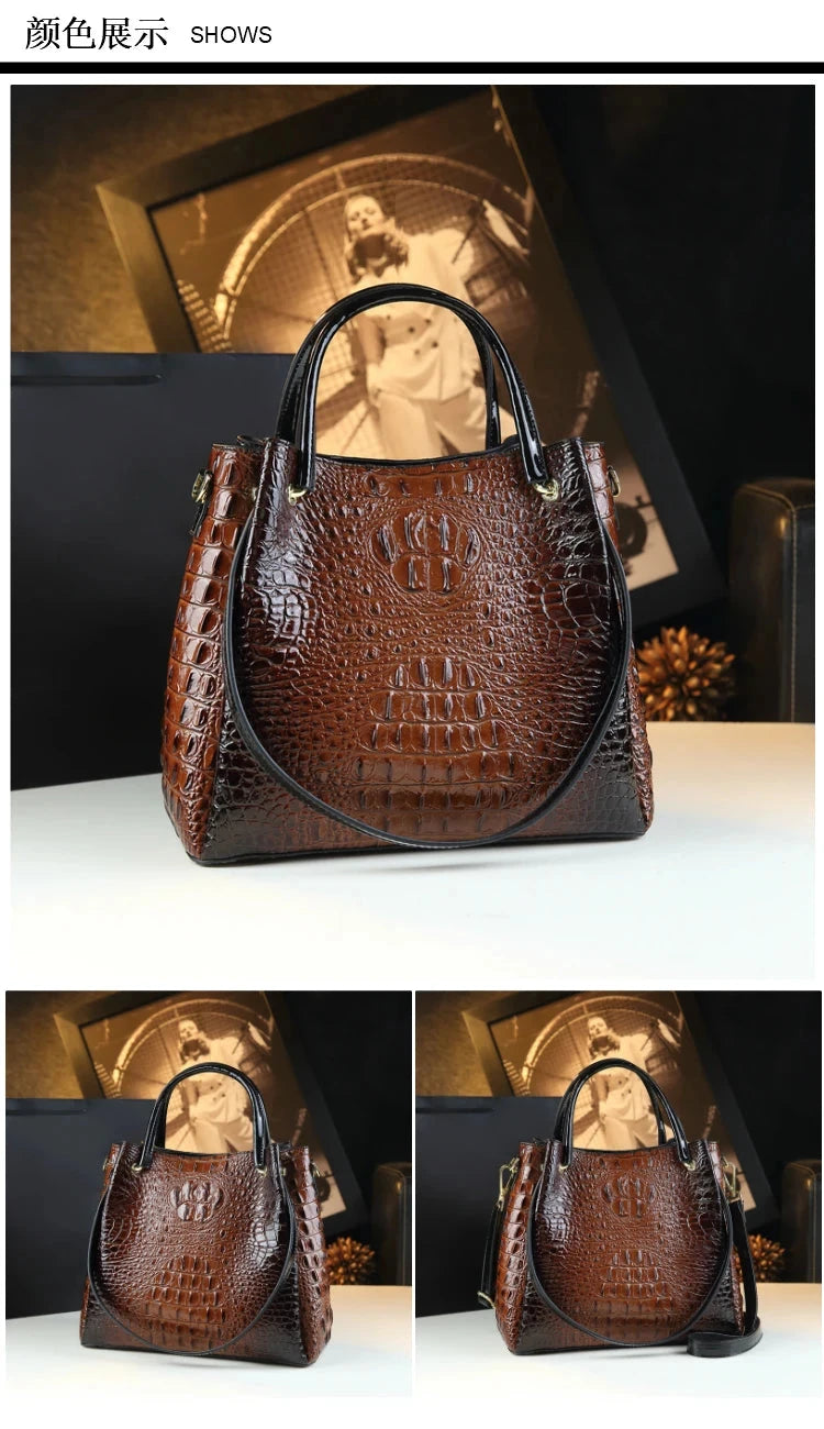 Genuine Leather Women Handbags New Tote Bag Fashion Crocodile Print Bucket Bag Retro Shoulder Messenger Bags Trend 2025