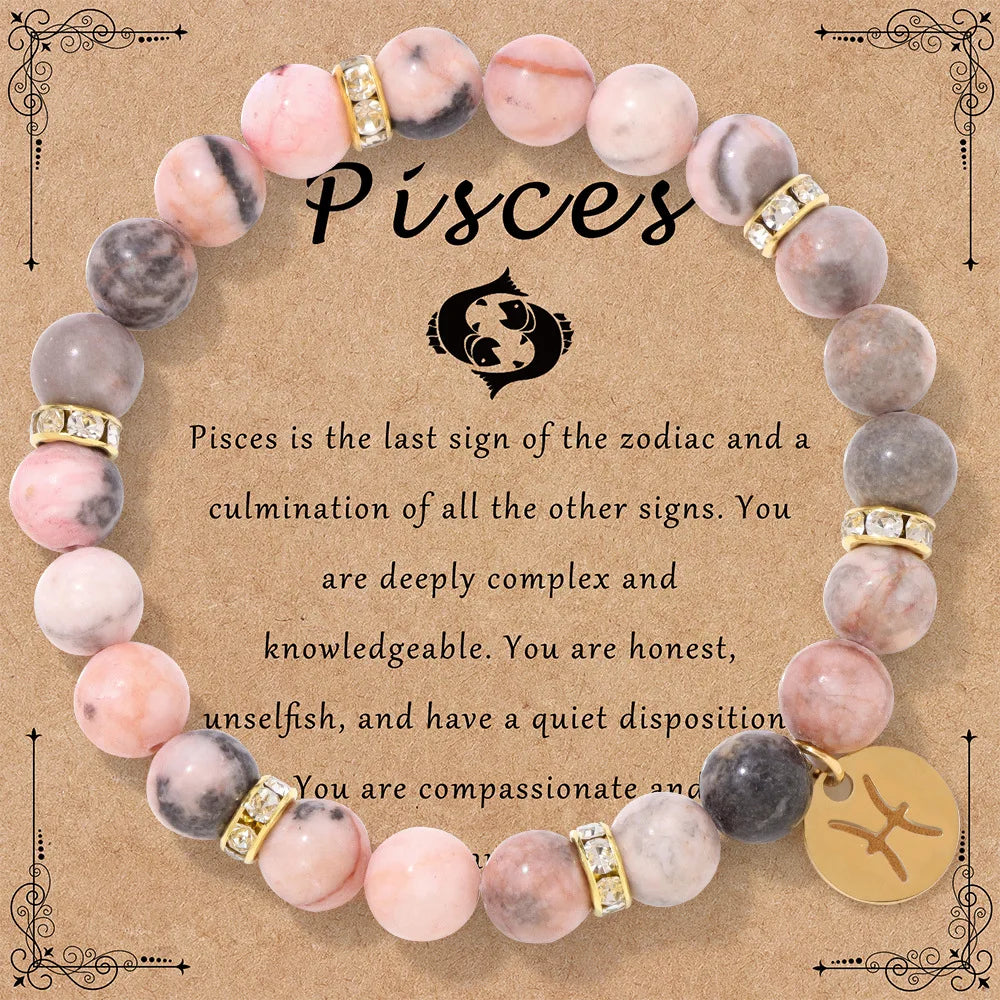 MHS.SUN 12 Star Zodiac Sign Pink Zebra Stone Beaded Bracelets Constellation Fashion Birthday Party Jewelry For Women Men