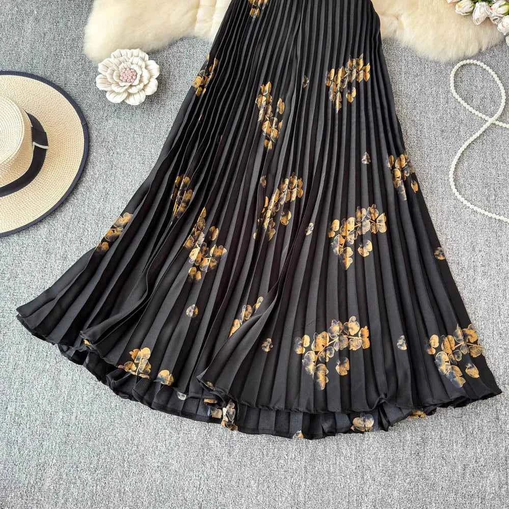 Chiffon A-Line Midi Skirt Women's Autumn 2025 New Sle Cover Hip Draped Large Swing Umbrella Skirt Pleated Floral Skirt