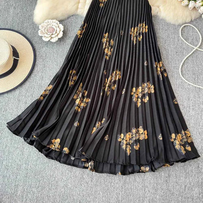 Chiffon A-Line Midi Skirt Women's Autumn 2025 New Sle Cover Hip Draped Large Swing Umbrella Skirt Pleated Floral Skirt