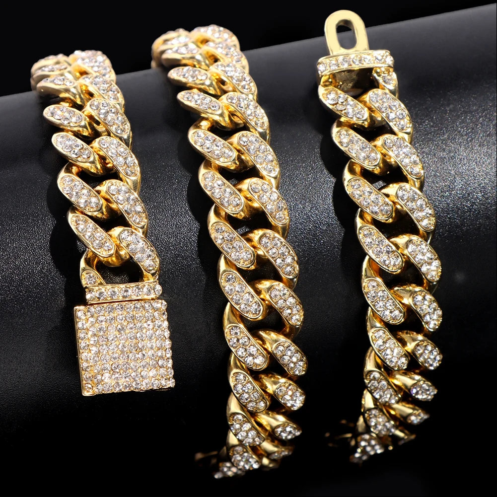Iced Out Bling AAA Rhinestones Prong Cuban Link Chain Men's Necklace 2 Row Crystal Curb Cuban Chain Hip Hop Jewelry 13/14/20MM - AMULET RING STORE