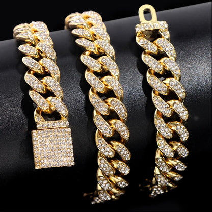Iced Out Bling AAA Rhinestones Prong Cuban Link Chain Men's Necklace 2 Row Crystal Curb Cuban Chain Hip Hop Jewelry 13/14/20MM - AMULET RING STORE