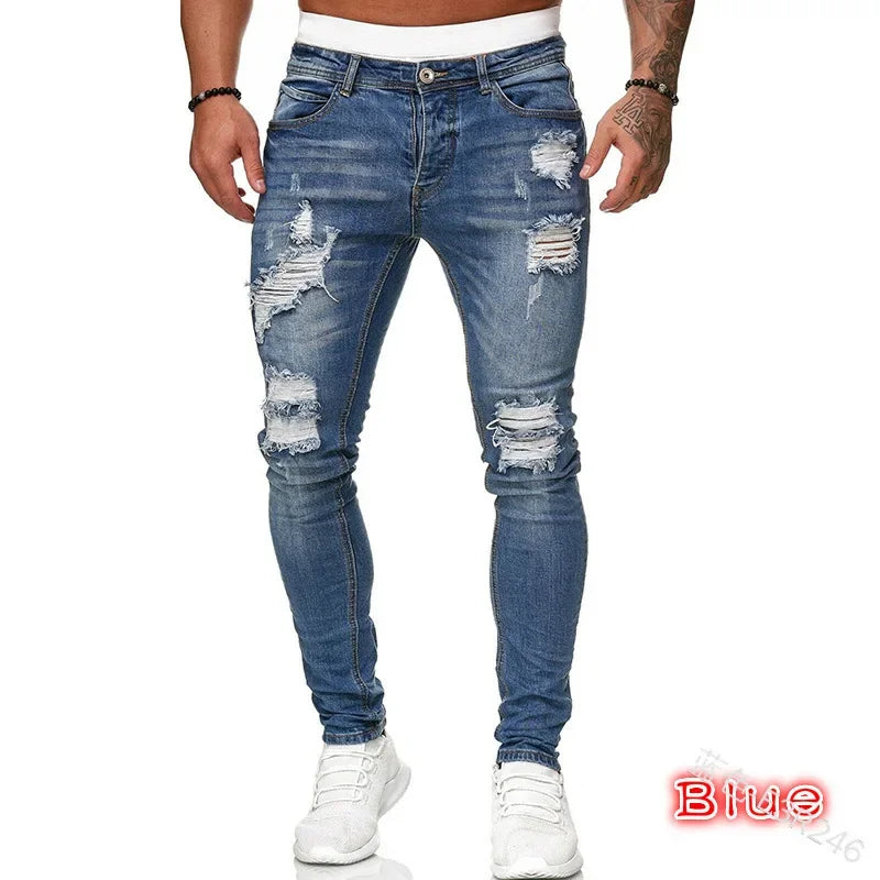 Ripped Jeans Men Stretch Skinny Grey Blue Black Hip Hop Denim Trousers Streetwear Casual Slim Fit Jeans for Men Jogging jean