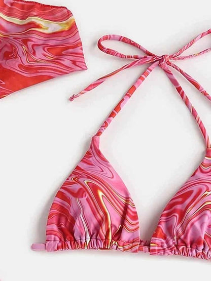 2024 New Wave Print Swimsuit Sexy Bathing Suits 4 Piece Bikinis Beach Sarong Micro Thong Swimwear Women Beachwear
