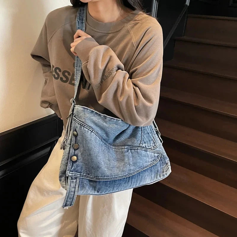 2025 New Women's Denim Tote Bag - Retro Crossbody Shoulder Bag with Large Capacity for Work & Commute, Fashionable Denim Handbag