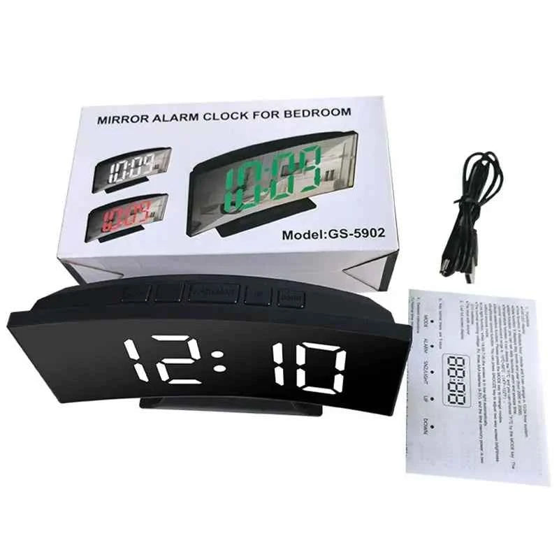 Curved Screen Clock Digital Led Alarm Clock with Temperature Display Large Mirror Clock Snooze Bedside Table Clock Room Decor