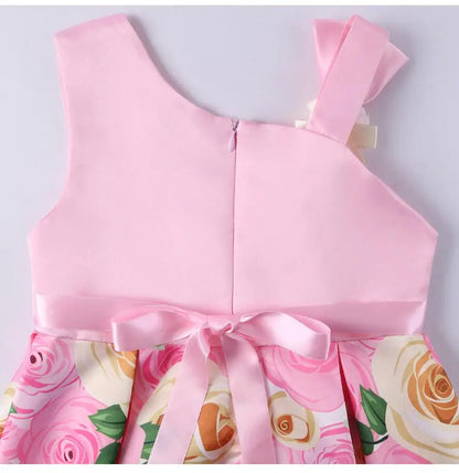 Summer Girls Rose Print Dress Princess Wedding Birthday Party Frocks Satin Children Vestidos Dresses For Girl Christmas Clothing