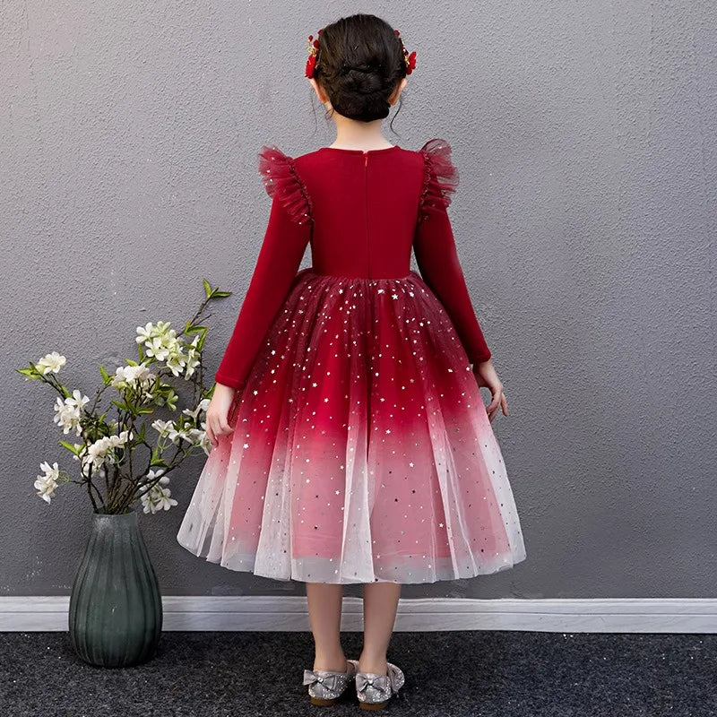 2025 New Red Princess Dress Baby Girls Dress Spring Kids Clothes Dress Party Long-sleeved For Children Dress Rainbow 3-10T