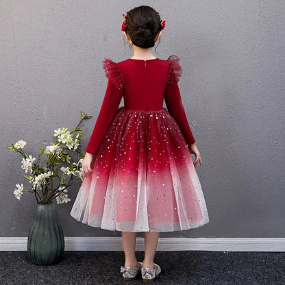 2025 New Red Princess Dress Baby Girls Dress Spring Kids Clothes Dress Party Long-sleeved For Children Dress Rainbow 3-10T