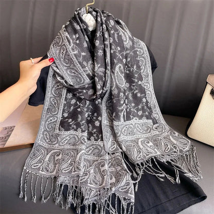 Women National Style Flower Pattern Scarf Jacquard Pashmina Cashmere Tassel Classic Shawl Coldproof Warm Neck Protection