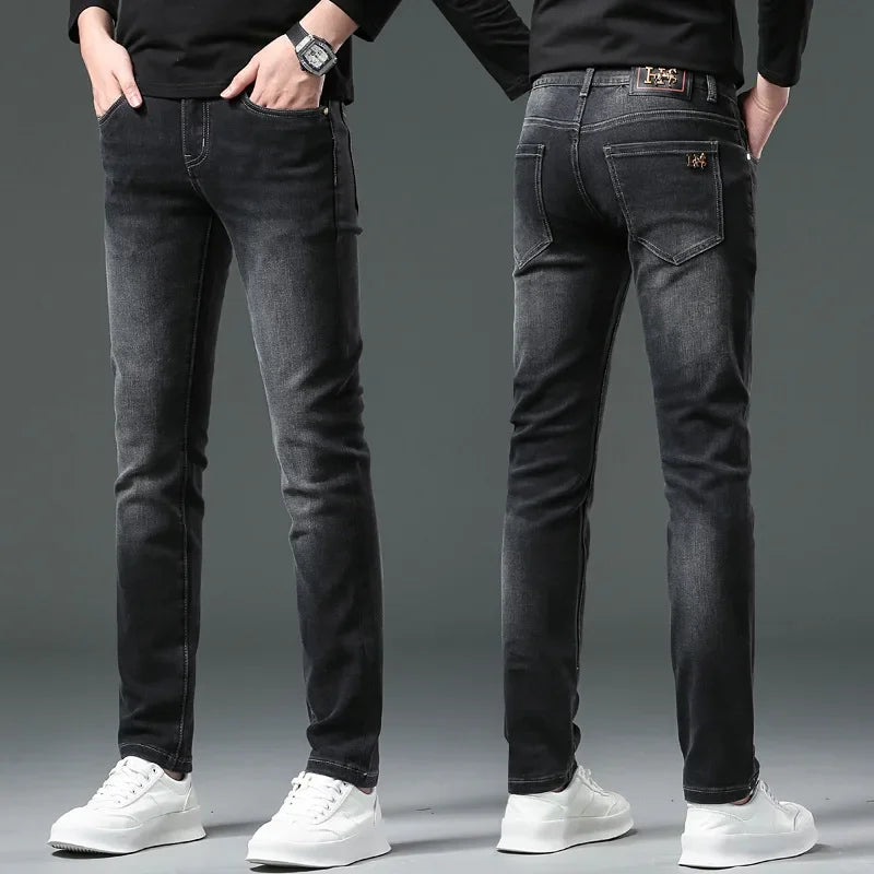 H Home Autumn/Winter Thickened European Style High-End Jeans Men's Trendy Brand Slims Smooths Your Silhouette Small Footed Trend