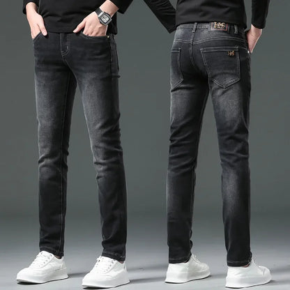 H Home Autumn/Winter Thickened European Style High-End Jeans Men's Trendy Brand Slims Smooths Your Silhouette Small Footed Trend