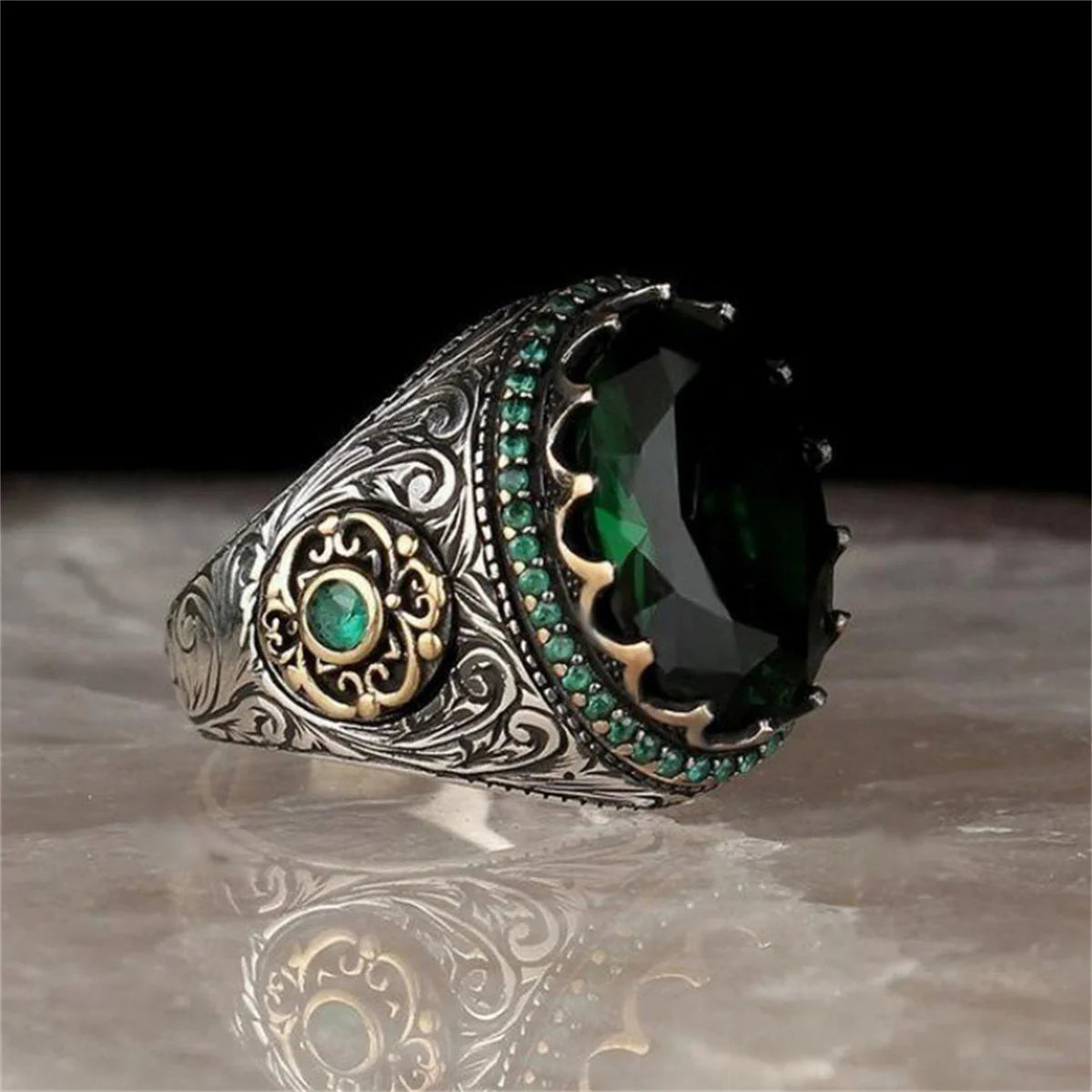 Retro Handmade Turkish Signet Ring For Men Women Ancient Silver Color Carved Eagle Ring Green Zircon Inlay Punk Motor Biker Ring