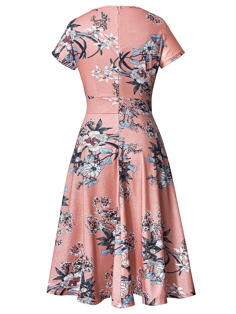 Nice-forever Vintage Elegant Floral Print Pleated Round neck vestidos A-Line Pinup Business Party Women Flare Swing Dress A102