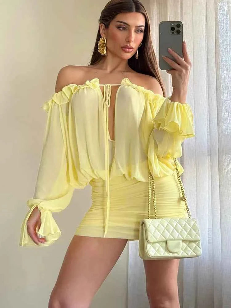 Sisterlinda Ruched Elegant Dress Women Sexy Hollow Ruffles Shirring Slash Neck Backless Puff Sleeve Street Fashion Mini Bodycon