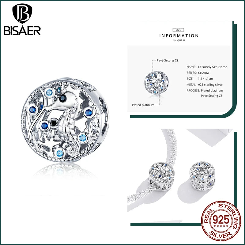 BISAER 925 Sterling Silver Charm Ocean Style Fish Dolphin Mermaid Shell Blue CZ Bead For Necklace&Bracelet DIY Fine Jewelry Gift - AMULET RING STORE
