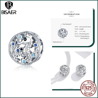 BISAER 925 Sterling Silver Charm Ocean Style Fish Dolphin Mermaid Shell Blue CZ Bead For Necklace&Bracelet DIY Fine Jewelry Gift - AMULET RING STORE