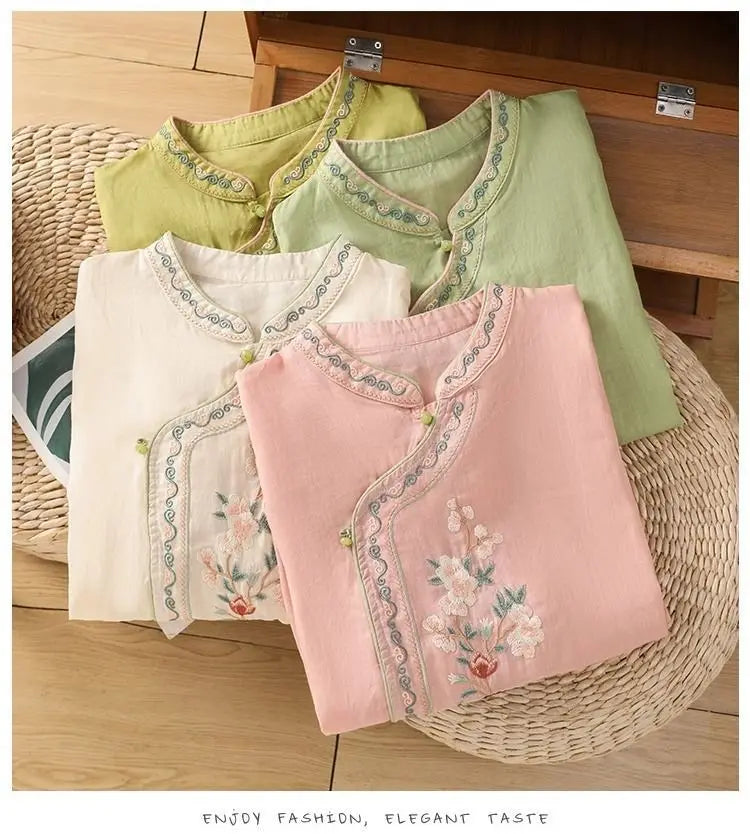 Casual Loose Blouse Shirt Women Clothes Summer Cotton Linen Ladies Tops Tee Blusas Vintage Embroidery Woman Shirt Camiseta Mujer