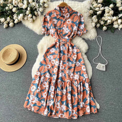 YuooMuoo Women Dress 2025 Summer Fashion Lady Elegant Vintage Floral Print Long Shirt Dress with Belt Vintage Party Robe Femme