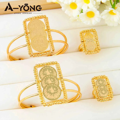 Luxury Turkish Coins Charm Jewelry Set 24k Gold Plated Kurdish Muslim Bridal Open Bangles Ring Middle Eastern Vintage Jewelrys
