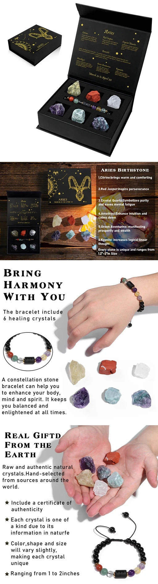 Aries Bracelet Birthday Gift Box To Friend Family Constellation Sign Braided Bracelet With 6 Natural Stone Jewelry For Women Men