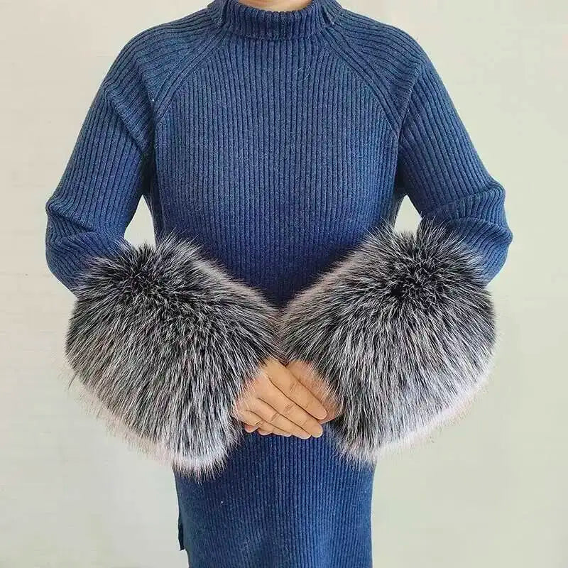Large Winter Faux Fox Fur Scarf Women Jackets Warm Fluffy Shawl Fashion Artificial Fur Collar And Cuff Set Fluffy Scarves Female