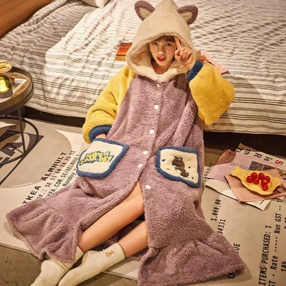 2024 Winter Pajamas For Women Cartoon Hooded Long Robe Strawberry Jacket Cute Home Wear Sleepwear Kawaii Flannel Warm Bathrobe - AMULET RING STORE