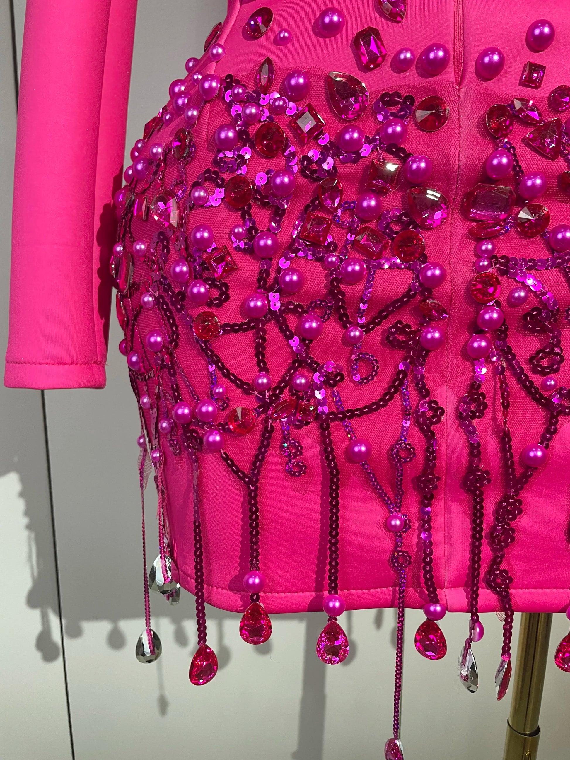 Sparkly Crystal Chains Pearls Long Sleeve Mini Dress 2025 Women Birthday Evening Party Nightclub Outfit Singer Wedding Costume - AMULET RING STORE