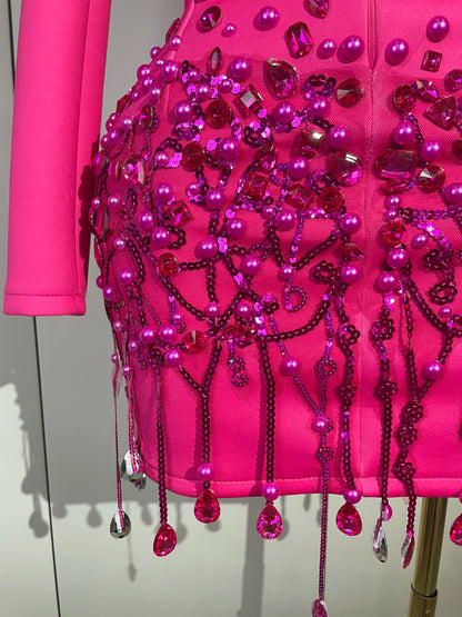 Sparkly Crystal Chains Pearls Long Sleeve Mini Dress 2025 Women Birthday Evening Party Nightclub Outfit Singer Wedding Costume - AMULET RING STORE