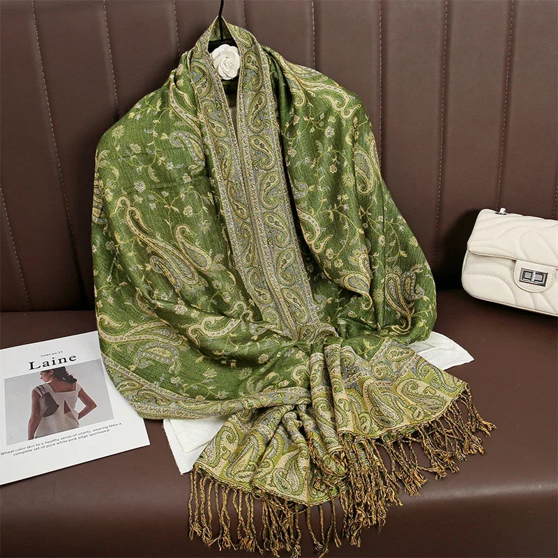 Women National Style Flower Pattern Scarf Jacquard Pashmina Cashmere Tassel Classic Shawl Coldproof Warm Neck Protection