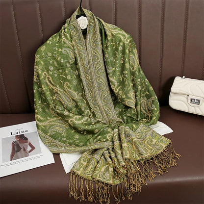 Women National Style Flower Pattern Scarf Jacquard Pashmina Cashmere Tassel Classic Shawl Coldproof Warm Neck Protection