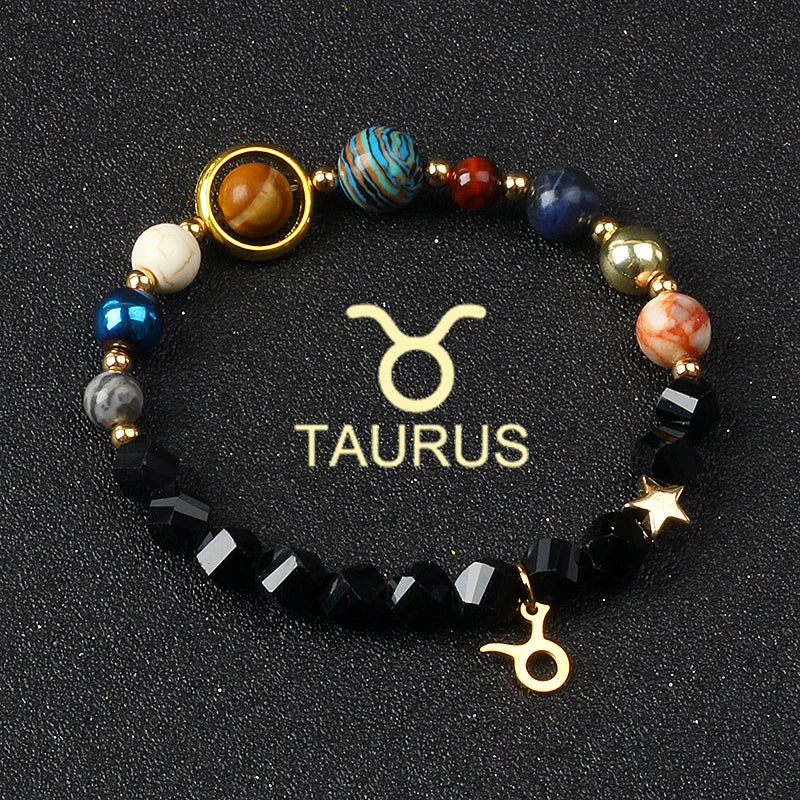 Universe Galaxy Eight Planets 12 Constellation Bracelets for Women Natural Stone Solar System Bracelets Libra Virgo Leo Jewelry