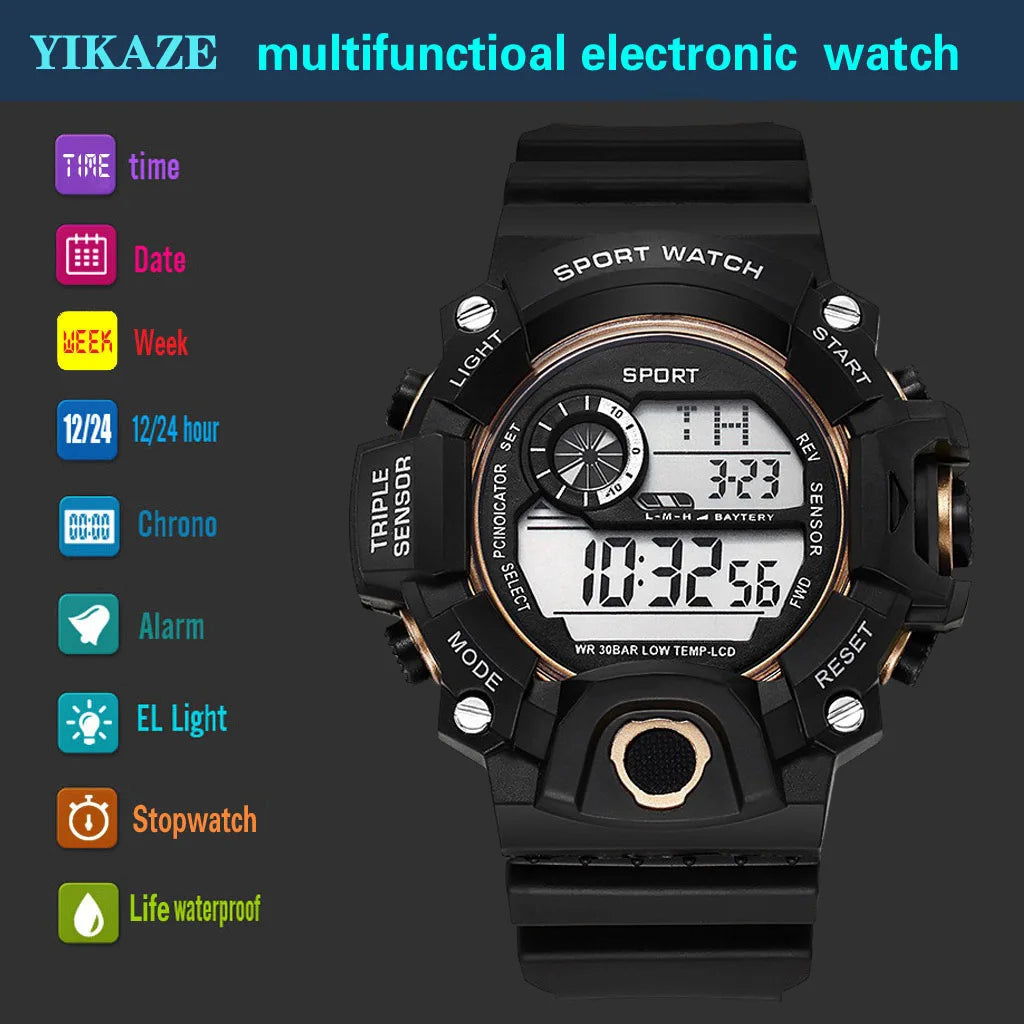 Fashion Men's Watch Sports Electronic Wristwatch Large dial Multifunctional Waterproof Luminous Alarm Kids Male's Military Watch - AMULET RING STORE