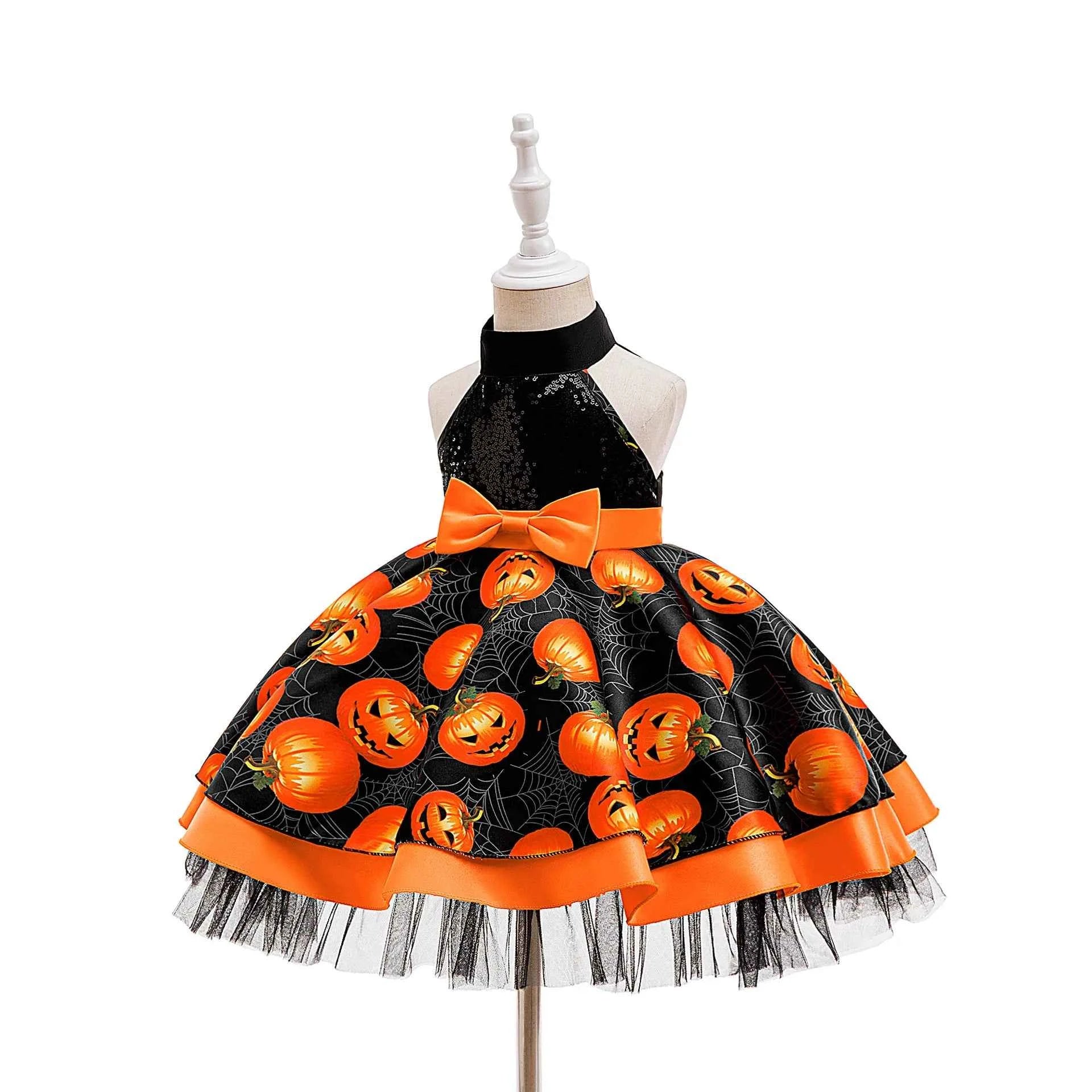 Baby Girl Halloween Costume 0-3 Yrs Little Girl Fantasy Dress Children Pumpkin Skeleton Print Fluffy Gown Kids Cute Orange Frock