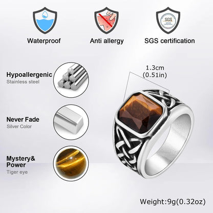 Punk Viking Knot Rings for Men,Vintage Square Natural Stone Signet Ring,Retro Ethnic Rock Jewelry Gift